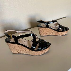 Prada Sandals Strappy Black Patent Leather Cork Wedges Women's Size 7
